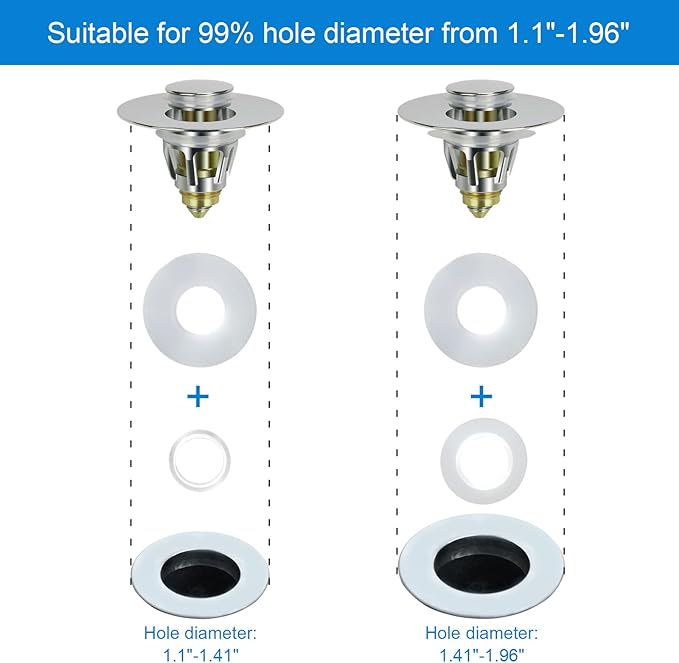 2PACK Universal Bathroom Sink Stopper,1.1-1.5 Inch Bullet Core Push Type Basin Pop-up Drain Filter,Bathtub Converter Sink Drain Strainer Plug No Overflow with Basket Hair Catcher