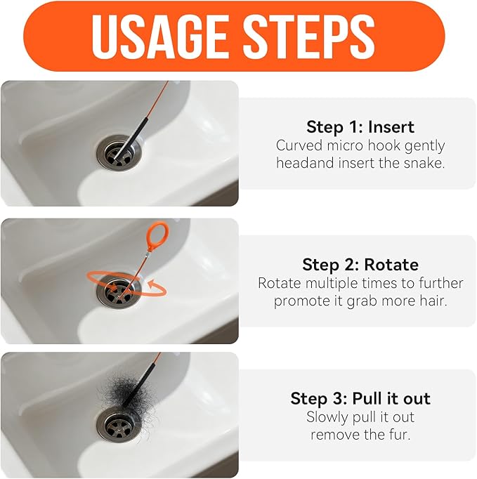 32" Drain Snake Hair Removal Tool, 5 Pcs Drain Clog Remover Tool - Flexible Anti-Break Bendable Drain Hair Remover for Sink, Shower, Tub & Toilet, Drain Cleaner with Grip Handle Orange