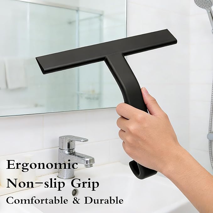 Shower Squeegee for Glass Doors - Squeegee for Shower Glass - All-One-Piece Silicone Cleaner with Built-in Hook for Bathroom, Glass, Mirror, Tile, Car & Kitchen (Black)