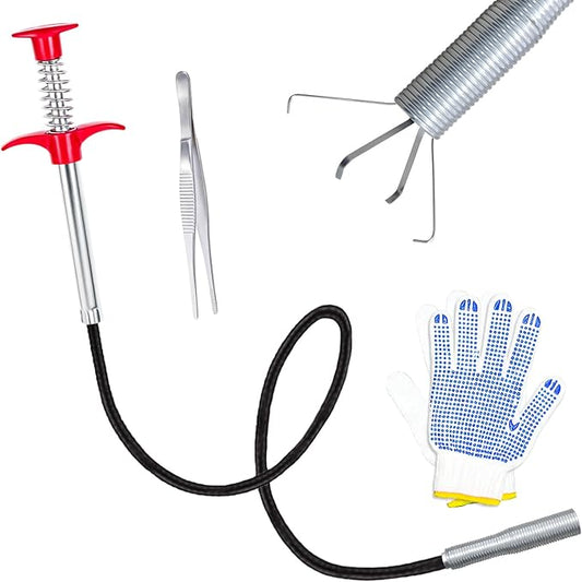 24''Flexible Grabber Claw, 4 Claws Drain Snake with Tweezers, Retractable Drain Clog Remover Tool, Bendable Hose Grabber Reacher Tool, Pickup Tool for Bath Tub, Toilet, Kitchen Sink & Sewer