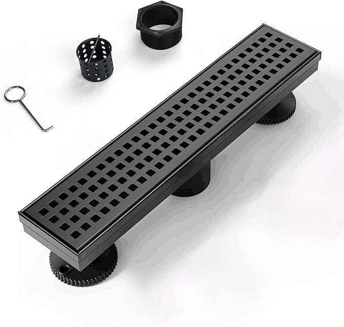 SaniteModar Linear Shower Drain, Black Shower Drain 12 inch with Square Hole Panel, Matte Black Linear Drain with Hair Strainer and Leveling feet