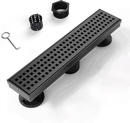 SaniteModar Linear Shower Drain, Black Shower Drain 12 inch with Square Hole Panel, Matte Black Linear Drain with Hair Strainer and Leveling feet
