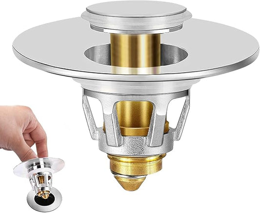 Universal Bathroom Sink Stopper - Upgraded Pop Up Sink Drain Strainer, Fits 1.1-1.5 Inch U.S. Standard Drain Holes - Anti-Clogging Filter with Sink Hair Catcher - Pure Brass Sink Drain Stopper