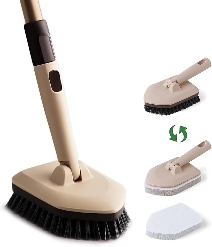 Eyliden Floor & Tub Scrub Brush, 2-in-1 Shower Floor Scrubber - 1 Stiff Bristles Brushes & 2 Non-Scratch Pads, 180°Swivel Head, 49" Adjustable Handle - Deep Cleaning Tub Bathroom Tile Kitchen Sink