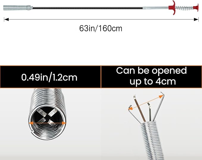 Drain Snake, 63-Inch Drain Clog Remover Tool, Flexible Grabber Claw for Bath Tub, Toilet, Kitchen Sink & Sewer