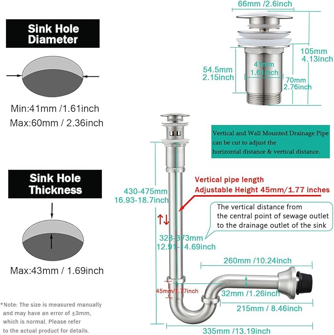 Brass P Trap with Pop Up Drain Stopper With Overflow,U-Shape 1 1/4 Slip Joint Extension Tub Sink Drain Pipe,12 inch Pipe length Adjustable Height Sink Waste Trap Drain Kit,Brushed Nickel