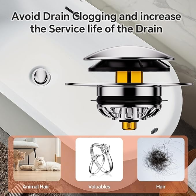 Universal Pop-Up Bathtub Stopper with Clog-Proof Strainer, Bath Drain Plug (Fits 1.4-1.6 Inch Drains)