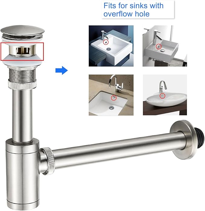 MENATT Bathroom Sink P-Trap Complete Set, Solid Brass 1-1/4 Bottle Trap Sink Drain Kit with Overflow Pop Up Drain Stopper, Brushed Nickel