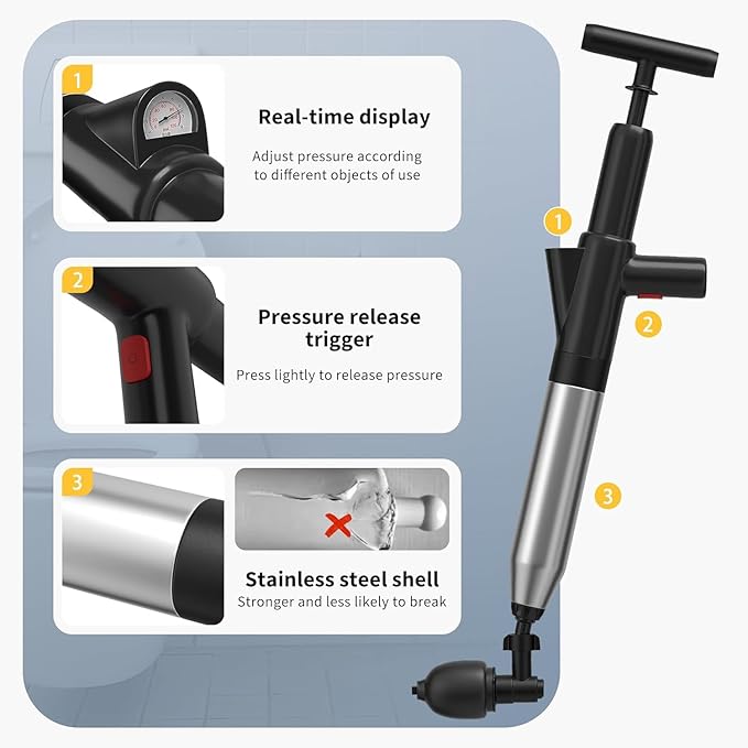 Toilet Plunger, High-Pressure Toilet Snake, Clog Remover, Heavy-Duty Air Drain Unclogger with Visual Barometer, Powerful Drain Auger, Plungers for Bathroom