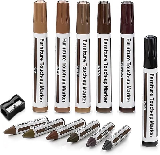 Wooden Furniture Floor Scratch Repair Markers and Wax Sticks for Stains, Scratches, Wood Floors, Tables, Desks, Carpenters, Bedposts, Touch Ups, and Cover Ups (Set of 13)