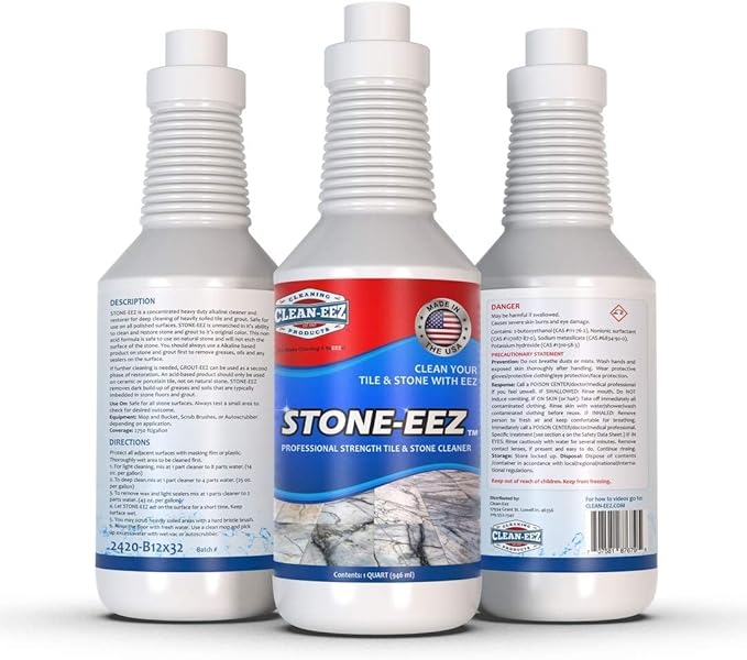STONE-EEZ 2 Bottles + Free Grout Brush | Heavy Duty Natural Stone Cleaner for Stains & Deep Cleaning | Safe for Travertine, Marble, Granite & Other Natrual Stone | Easily Removes Dirt, Grime, Grease.