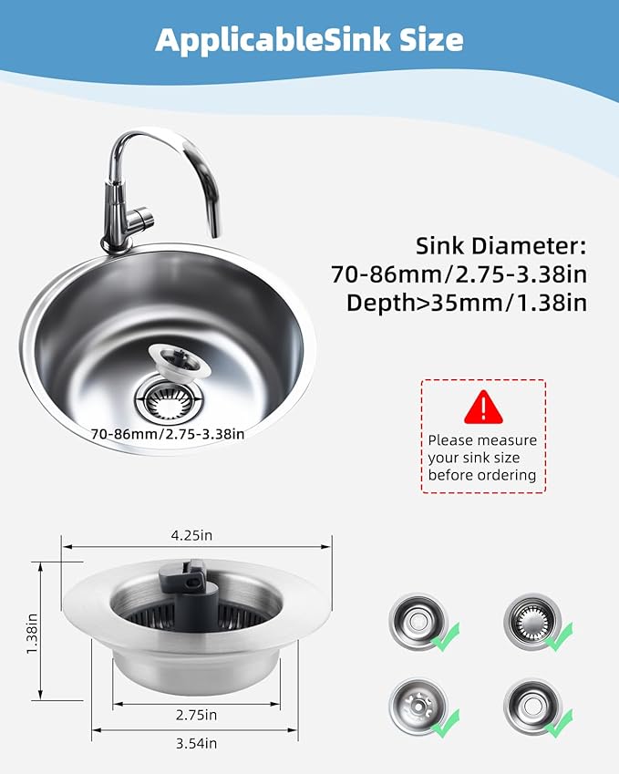 Universal 3 in 1 Kitchen Sink Drain Strainer Stopper Combo, 2PCS Stainless Steel Shell Pop Up Sink Stopper for US Standard 3-1/2 inch Drain Filter, Anti-Clog and Easy Clean