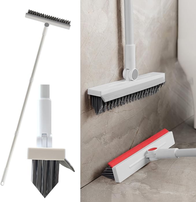 Floor Brush Scrubber with Long Handle Grout Brush Tile Floor Scrub Brush with Squeegee Heavy Duty Deck Brush Stain 180℃ Rotating Crevice Cleaning Brush Stiff Bristle Broom for Bathroom Wall