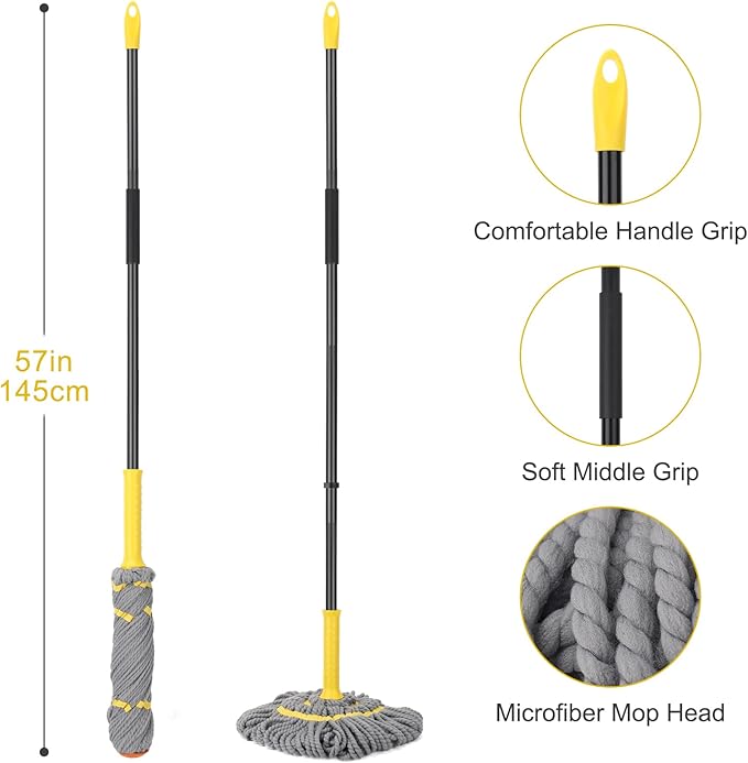 KeFanta Self-Wringing Twist Mops with 1 Extra Refill, Mops for Floor Cleaning with 57 " Long Handle, Microfiber Floor Mop for Hardwood Commercial Household Clean (1 Handle & 2 Mop Heads)