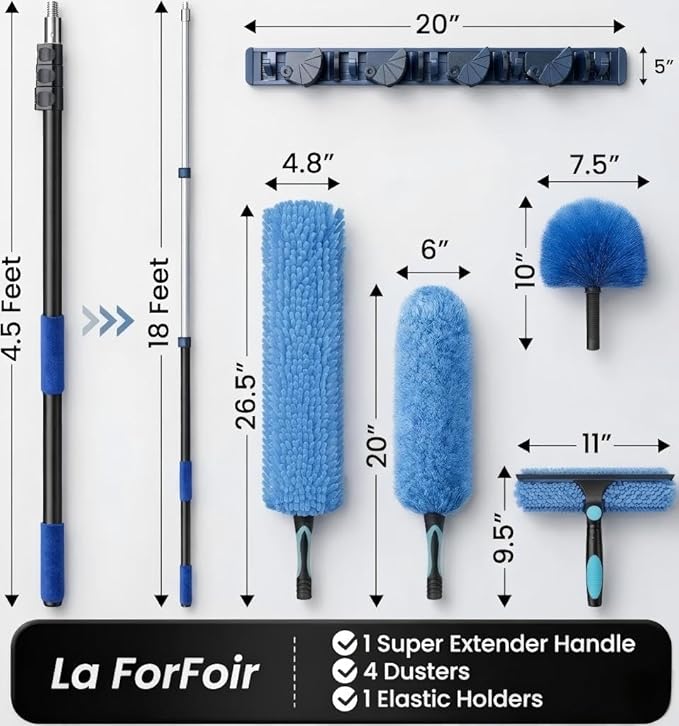 25ft High Ceiling Duster Kits with 5-18ft Heavy Duty Extension Pole - Fan Blade Cleaner, Cobweb Remover & Blue Window Squeegee Kit, Washable Dust Brush for High Roof and Glass Surfaces