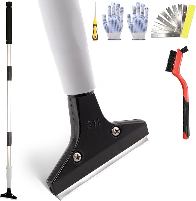 4"Razor Blade Floor Scraper with Long Handle,61in Adjustable Floor Scraper Heavy Duty with 10PCS Extra Metal Blades Paint Scraper for Cleaning Stickers Gum Glass Wall Tile Linoleum Stove Top