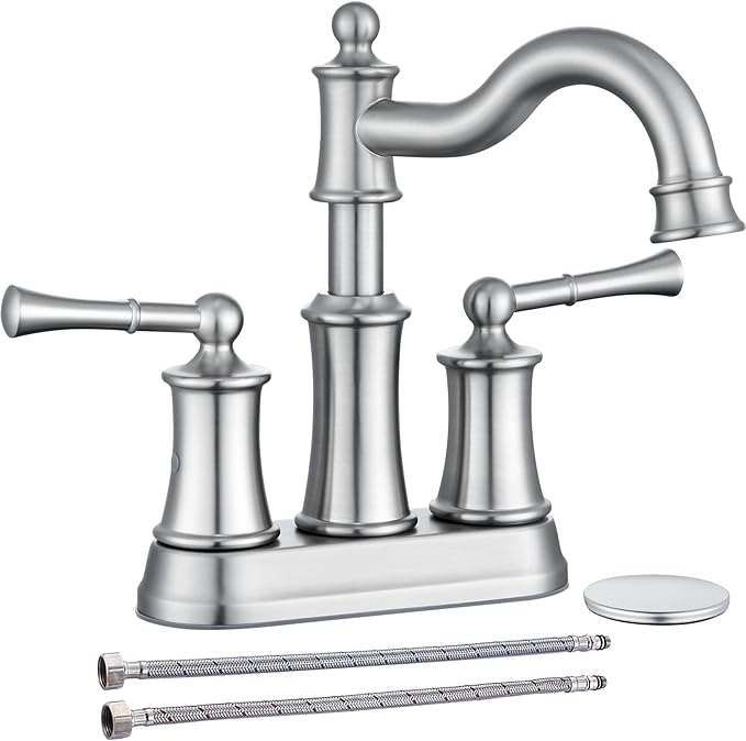 Roman Bathroom Sink Faucet Deck Mount or Wall Mount Installation Pop-up Drain Assembly with Overflow Deck Plate and Water Supply Lines Included (2 Hole Deck Mount, Brushed Nickel)