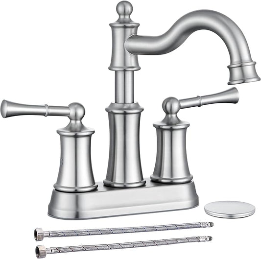 Roman Bathroom Sink Faucet Deck Mount or Wall Mount Installation Pop-up Drain Assembly with Overflow Deck Plate and Water Supply Lines Included (2 Hole Deck Mount, Brushed Nickel)