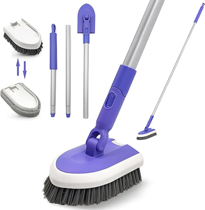 Tile Tub Scrubber Brush with 46.8" Extendable Long Handle, Shower Scrubber Cleaning Brush with 2 Different Function Cleaning Heads for Cleaning Bathroom Kitchen Wall Bathtub Floor