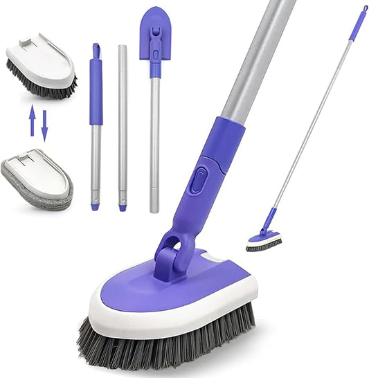Tile Tub Scrubber Brush with 46.8" Extendable Long Handle, Shower Scrubber Cleaning Brush with 2 Different Function Cleaning Heads for Cleaning Bathroom Kitchen Wall Bathtub Floor