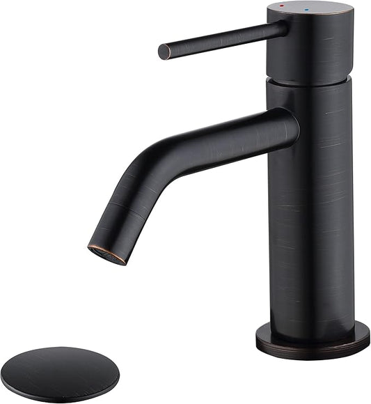 Oil Rubbed Bronze Bathroom Faucet Single Hole, Single Handle Bronze Sink Faucet Bathroom with Pop Up Drain and Water Faucet Supply Lines