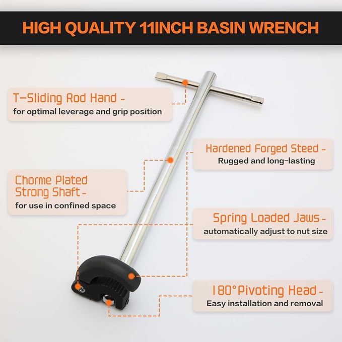 11" Basin Wrench with Adjustable Jaw from 3/8 Inch to 1-1/4 Inch, Sink Faucet Wrench for Fixing Rear and Union Nuts Under Sink Tight Spaces