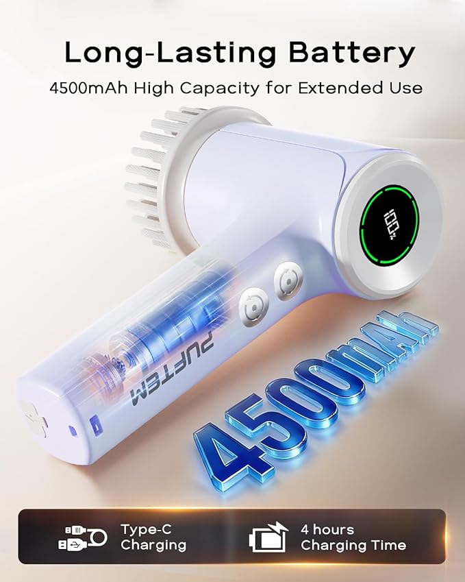 PUFTEM Electric Spin Scrubber for Bathroom Cleaning, Cordless Shower Scrubber with 6 Brush Heads, Dual-Direction Rotation, Handheld Cleaning Brush for Grout, Tile, Tub, Sink & Corners, Purple