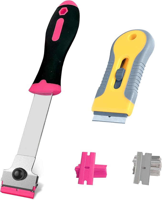 2 Pack Razor Blade Scraper with 10 Plastic and 20 Metal Blades for Removing Paint, Registration Sticker, Grease from Windshield, Glass Top Stove Cooktop Scraper(Pink)