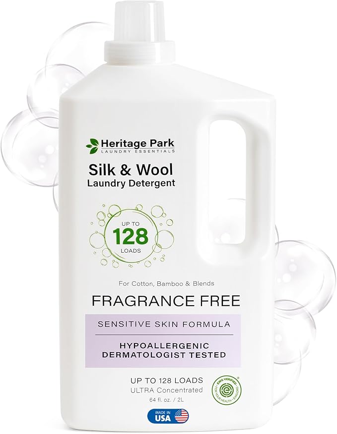 Heritage Park Silk & Wool Fragrance Free, Hypoallergenic, pH-Neutral Laundry Detergent - Dermatologist-tested, Sensitive Skin-Friendly, Enzyme-Free, Concentrated Up to 128 loads (64 fl oz)