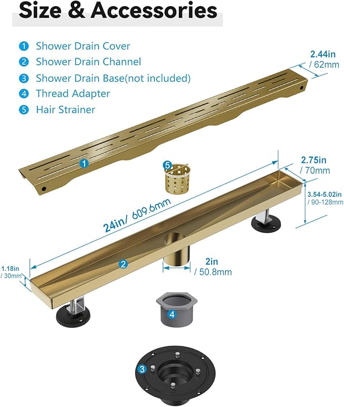 Brushed Titanium Gold Shower Drain 24 Inch, 304 Stainless Steel Linear Shower Drain with Removable Brick Pattern Grate - Adjustable Rectangular Shower Floor Drain with Hair Strainer, Linear Drain