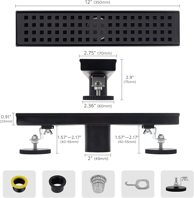 12 Inch Linear Shower Drain Matte Black, Rectangular Shower Floor Drain Kit 304 Stainless Steel, Removable Grid Grate, Hair Catcher, Leveling Feet