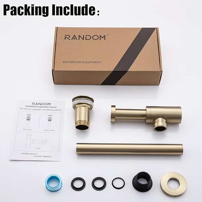 RANDOM Brushed Gold Brass Bottle P Trap Contemporary Round Bottle P-Trap 1 1/4 with Pop Up Drain Without Overflow.83888BGS