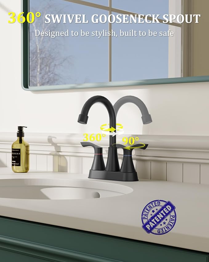 Matte Black Bathroom Faucet 3 Hole, Evolvegoods 4 Inch Stainless Steel Bathroom Sink Faucet, 2 Handle Centerset Faucet for Bathroom Sink Vanity, with Pop Up Drain and 2 Supply Hoses