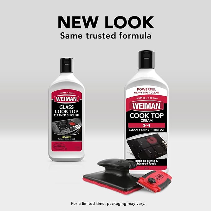 Weiman Glass Cooktop & Stove Top Cleaner Kit, Removes Grease & Burnt-On Food, Safe for Gas, Induction, Electric Cooktops & Air Fryers, Streak-Free Shine, Includes Stove Scraper & Scrubbing Pad, 10 oz