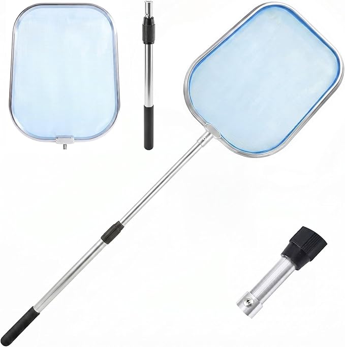 36" Hot Tub Pool Skimmer Net with Pole All-Metal Aluminum Frame & Handle for Small Above Ground Pools - Lightweight Pool Skimmer Net for Daily Leaves Bugs Removal Easy Cleaning, Retro Silver