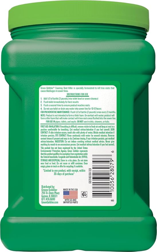 Green Gobbler, FOAMING Root Killer | Kills Tree Roots in Pipes & Sewer Lines | Contains No Copper Sulfate | Safe for Pipes and Septic - 2 USES, 4 LBS