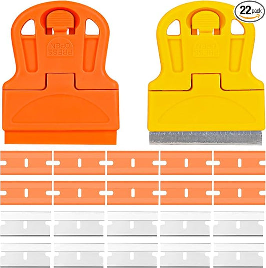 2PCS Razor Blade Scraper Tool Set, Mini Car Paint Remover with 10 Plastic Blades & 10 Metal Blades, Vehicle Adhesive Cleaning Tool for Removing Labels, Stickers Taping on Window, Oven (2PCS)