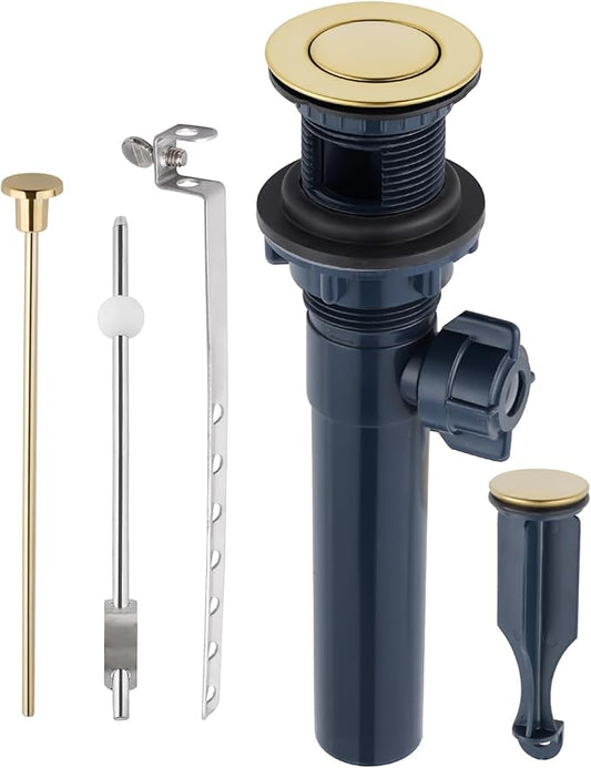 Bathroom Sink Drain with Lift Rod, Pop Up Sink Drain with Overflow, Universal Fit, Brushed Gold Drain Stopper for Vessel Sink, Assembly for Bathroom Faucet
