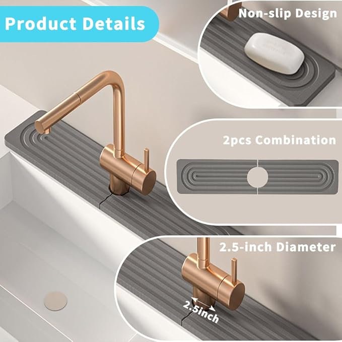 Diatomite kitchen sink splash guard behind faucet - 24inch stone drying mat for kitchen counter, mordern absorbent mat of kitchen sink accessories
