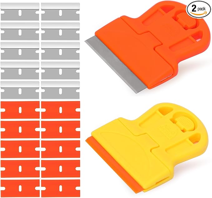 2 Pack Razor Blade Scraper Plastic Razor Blade Scraper Scraper Tool with Extra 10 Plastic Razor Blades and 10 Metal Blades for Adhesive Remover Removing Labels Stickers Taping on Glass Windows
