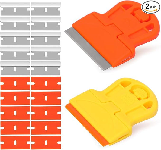 2 Pack Razor Blade Scraper Plastic Razor Blade Scraper Scraper Tool with Extra 10 Plastic Razor Blades and 10 Metal Blades for Adhesive Remover Removing Labels Stickers Taping on Glass Windows