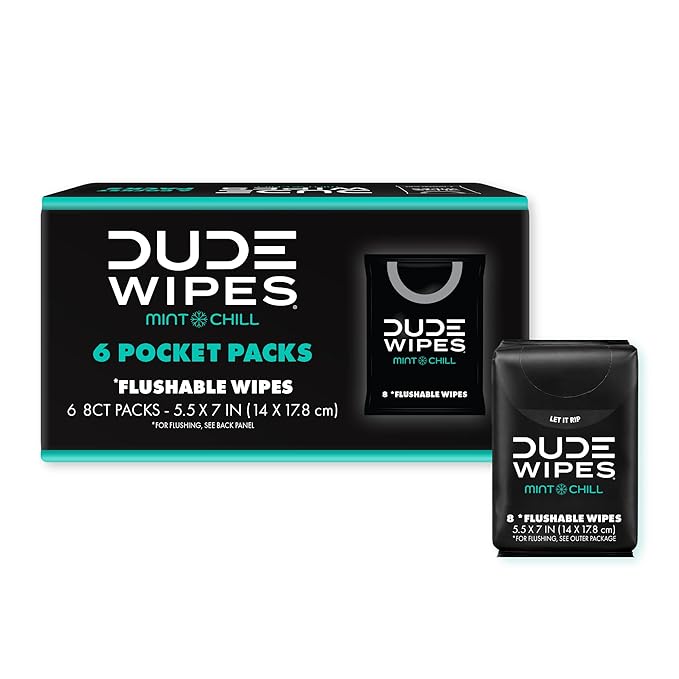 DUDE Wipes Mint Chill Pocket Packs - Travel Wipes - 12 Packs of 8 (96 Count) - On-The-Go Adult Flushable Wipes - Infused with Tea Tree Oil, Vitamin E, and Aloe - Septic and Sewer Safe