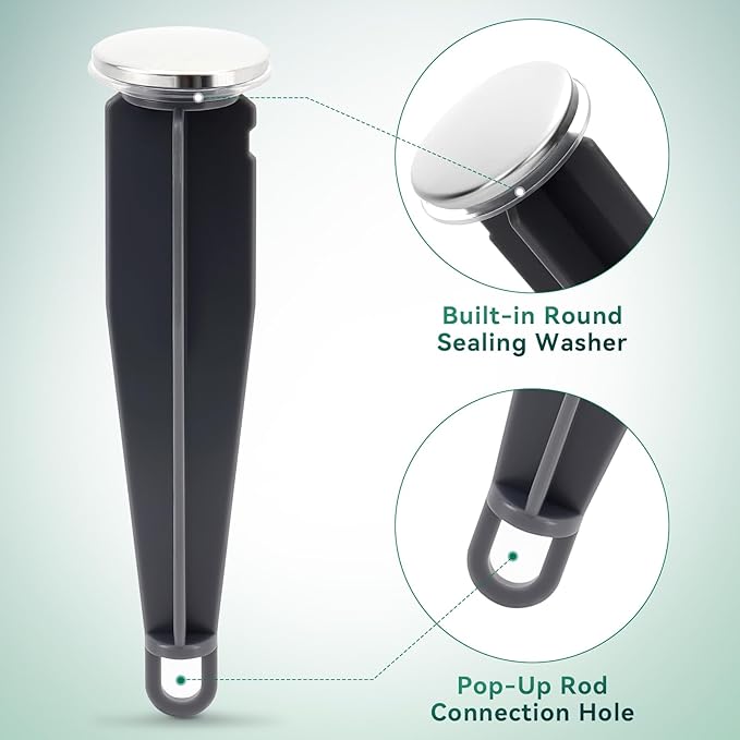 2Pcs Sink Drain Parts, Lavatory Pop Up Center Assembly with Plug, Bathroom Sink Pivot Ball Rod Replacement with 18MM Ball, Pop up Stopper 4‑7/8" Tall, 1‑1/4" Cap Dia