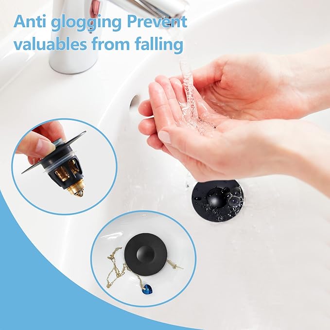 Black Bathroom Sink Stopper – Pop Up Drain Stopper & Sink Strainer, Universal Sink Plug for 1.1" to 1.5" Bathroom Sink Drain Pipes, Matte Black Finish