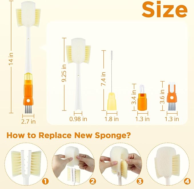OUTXE 6 Pack Bottle Brush Set, 5-in-1 Water Bottle Cleaner Brush, 14" Long Handle Bottle Cleaning Brush, 3 Straw Brush, Removable Nipple Detail Brush for Cup Lid Gap, with Replecement Sponge