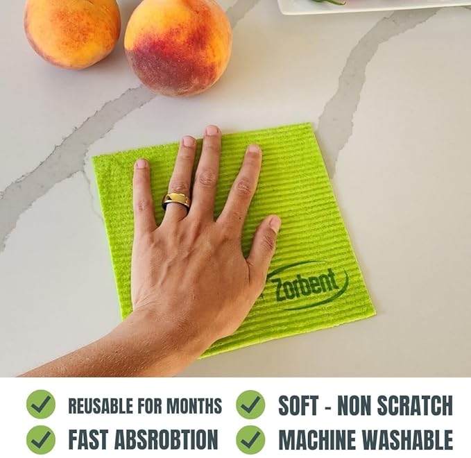 Zorbent Super Absorbent Towels 6 Pack, Green, Reusable Paper Towel Alternative, Lint Free Cleaning Cloth for Kitchen, Gym, Shoes, Travel, & Camping, Multipurpose Damp Duster, Spill & Mess Cleaner