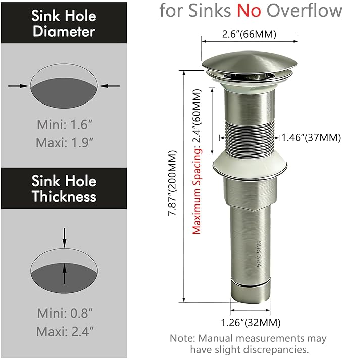 Bathroom Sink Drain, Without Overflow, Pop up Sink Drain Stopper with Strainer Plug for Vessel Sink Lavatory Vanity, SUS 304 Stainless Steel, Brushed Nickel