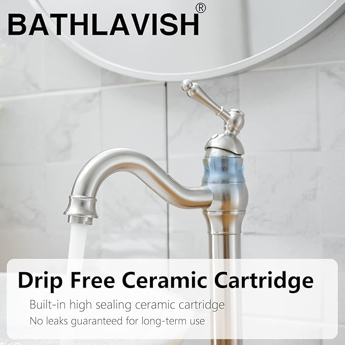 Brushed Nickel Vessel Sink Faucet 360° Swivel for Bathroom Single Hole Farmhouse Tall Commercial Vanity Matching Pop Up Drain Without Overflow
