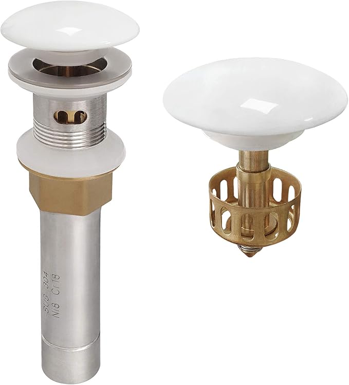 Bathroom Pop Up Drain, Vessel Sink Drain with Removable Stopper and Anti-Clogging Basket Hair Catcher, White Porcelain Cap Vanity Strainer with Overflow, Brushed Nickel