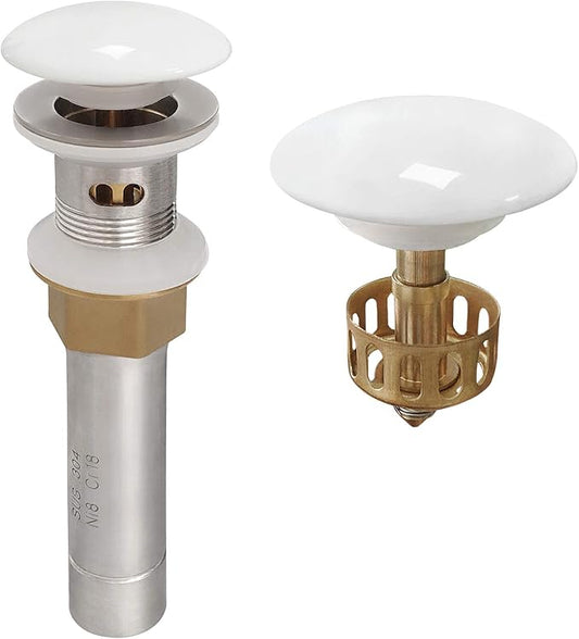 Bathroom Pop Up Drain, Vessel Sink Drain with Removable Stopper and Anti-Clogging Basket Hair Catcher, White Porcelain Cap Vanity Strainer with Overflow, Brushed Nickel